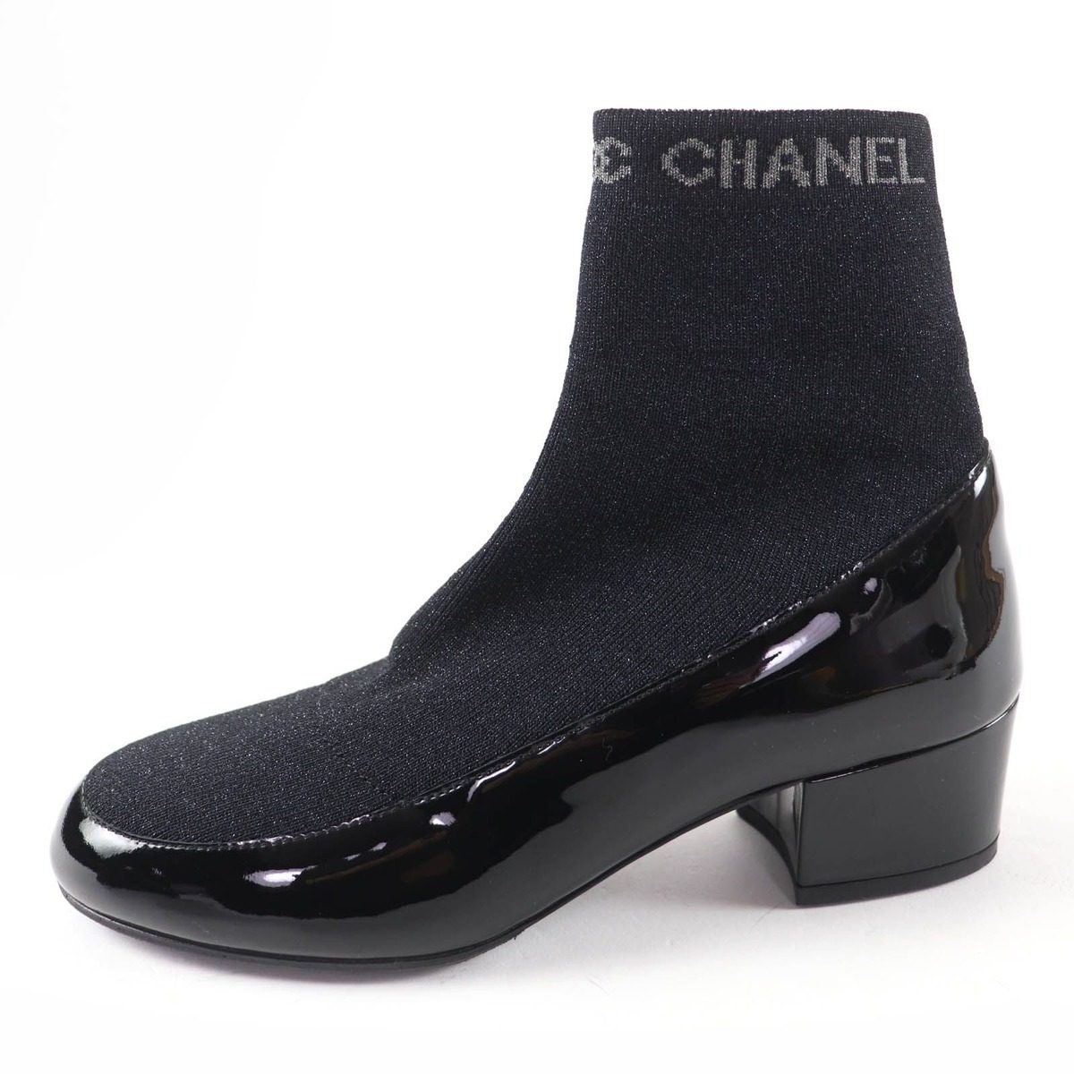 Chanel Patent Leather Logo Knit Socks Boots Ankle Black 34.5 — view 4