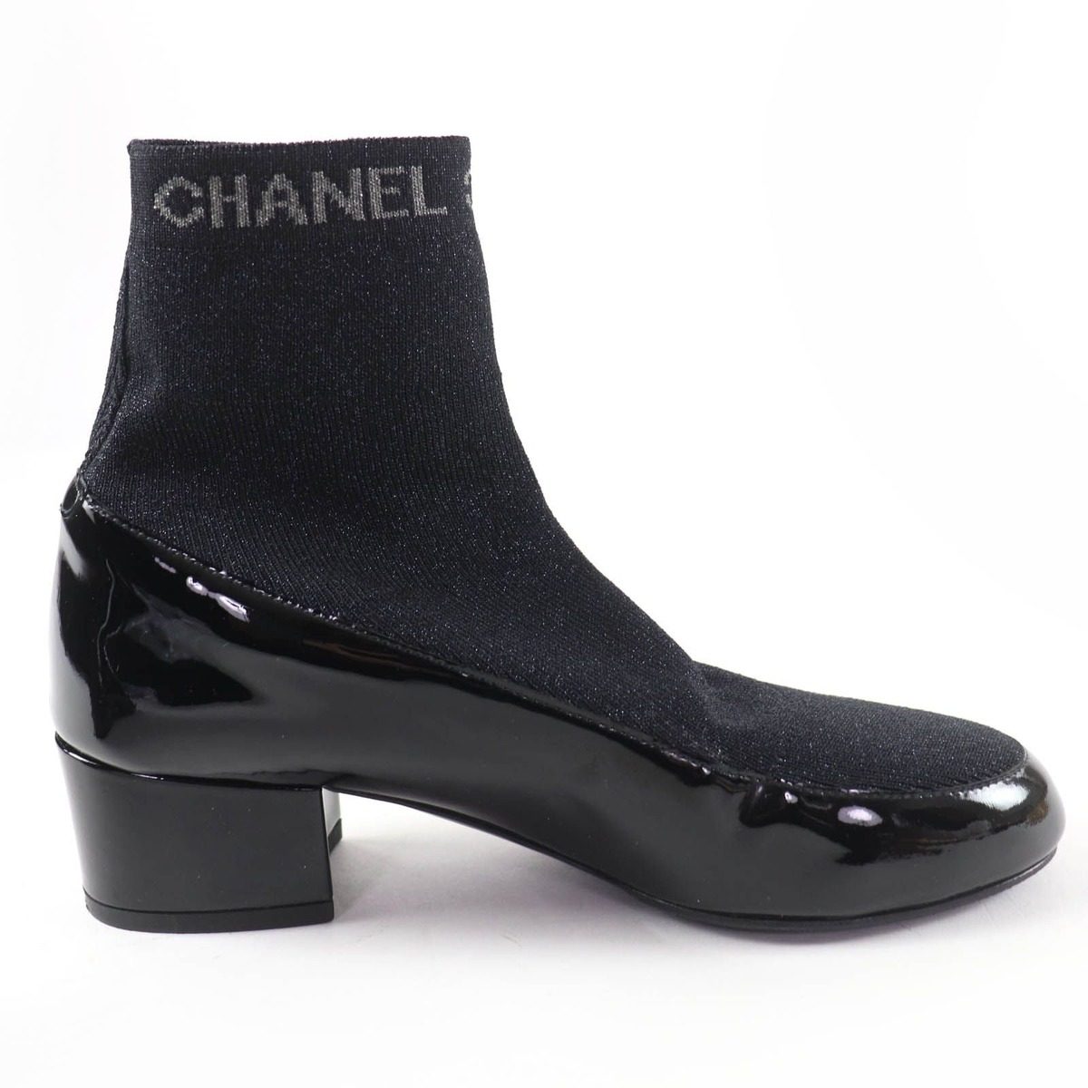 Chanel Patent Leather Logo Knit Socks Boots Ankle Black 34.5 — view 5