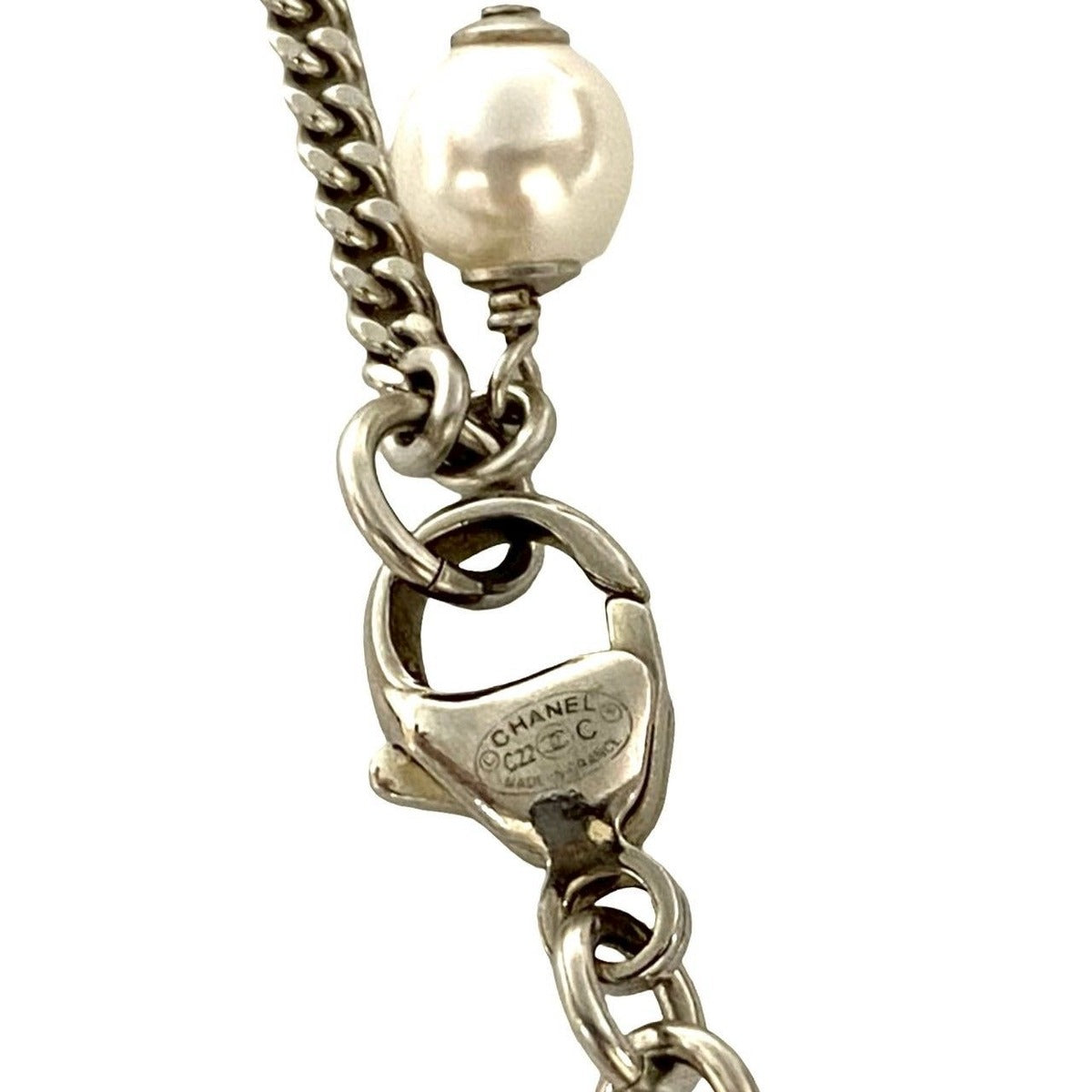 Chanel CC Logo Metal Rhinestone Faux Pearl Necklace — view 2