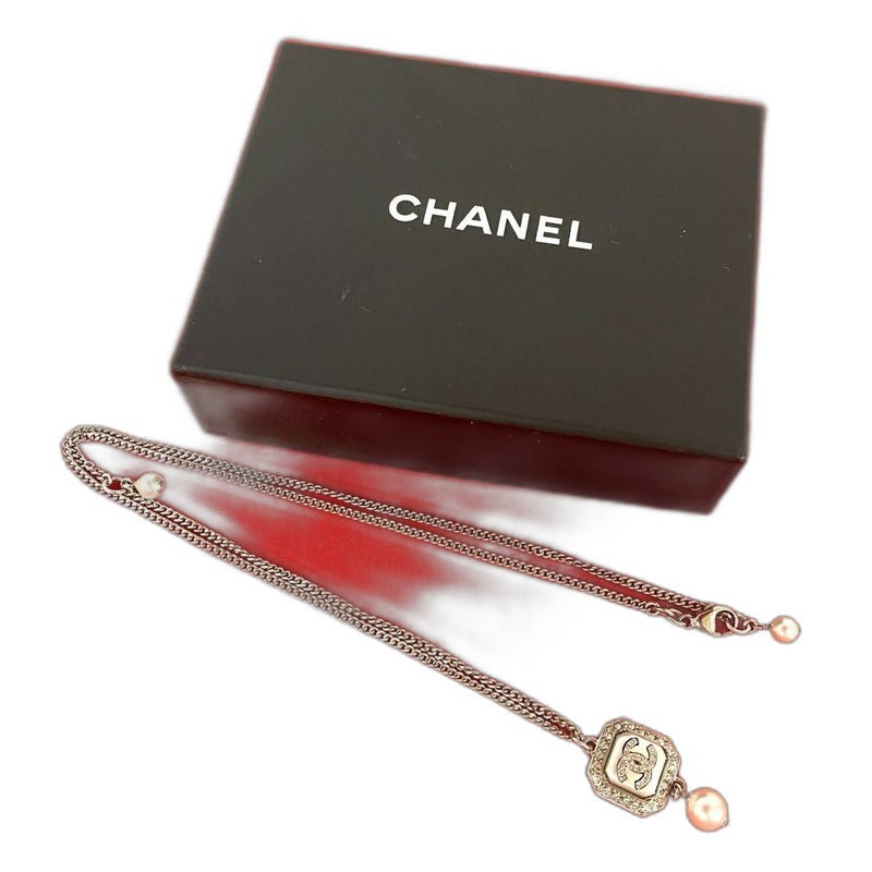 Chanel CC Logo Metal Rhinestone Faux Pearl Necklace