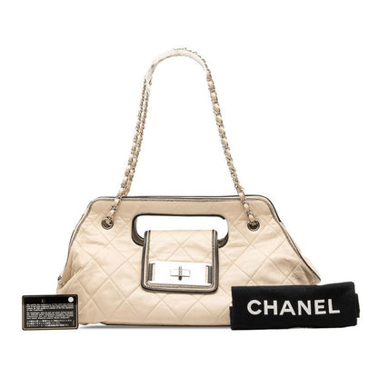 Chanel 255 East West Handbag Chain One Shoulder Bag Ivory Silver Lambskin Women