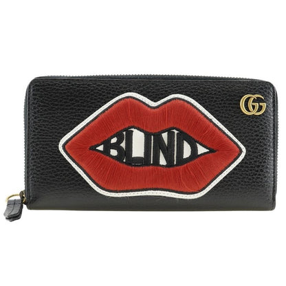 Gucci Round Zipper Embroidery GG Marmont Leather Black Unisex Long Wallet