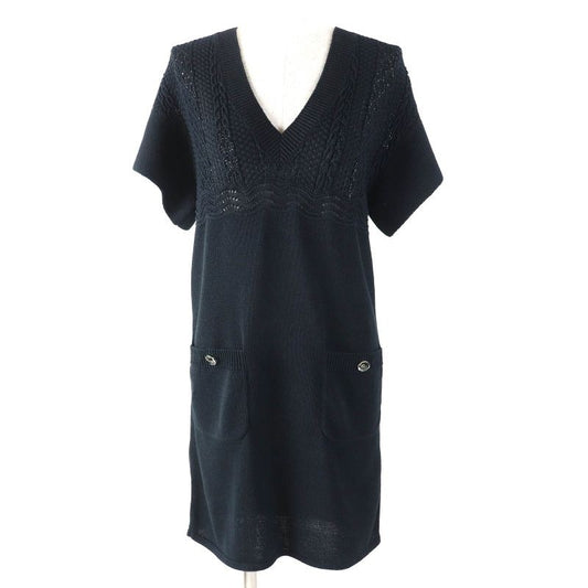 Chanel 100% Cotton Clear Coco Mark Button Openwork V-neck Knit Dress