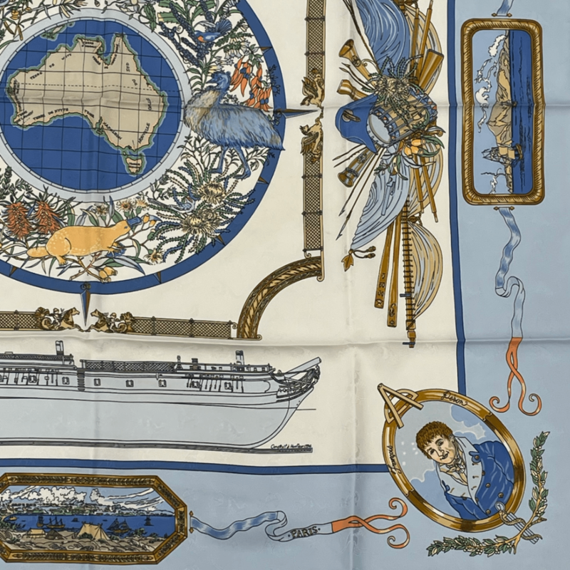 Hermes Carre 90 LE Geographe Geographer Blue And Multicolor 100% Silk