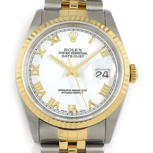 Rolex Watch Datejust P Number White Dial Roman Index Date 18k Yellow Gold SS