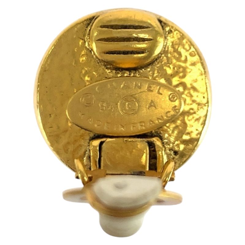 Chanel Faux Pearl Coco Mark Gold White Plated/faux Pearl Earrings 94 A Engraved