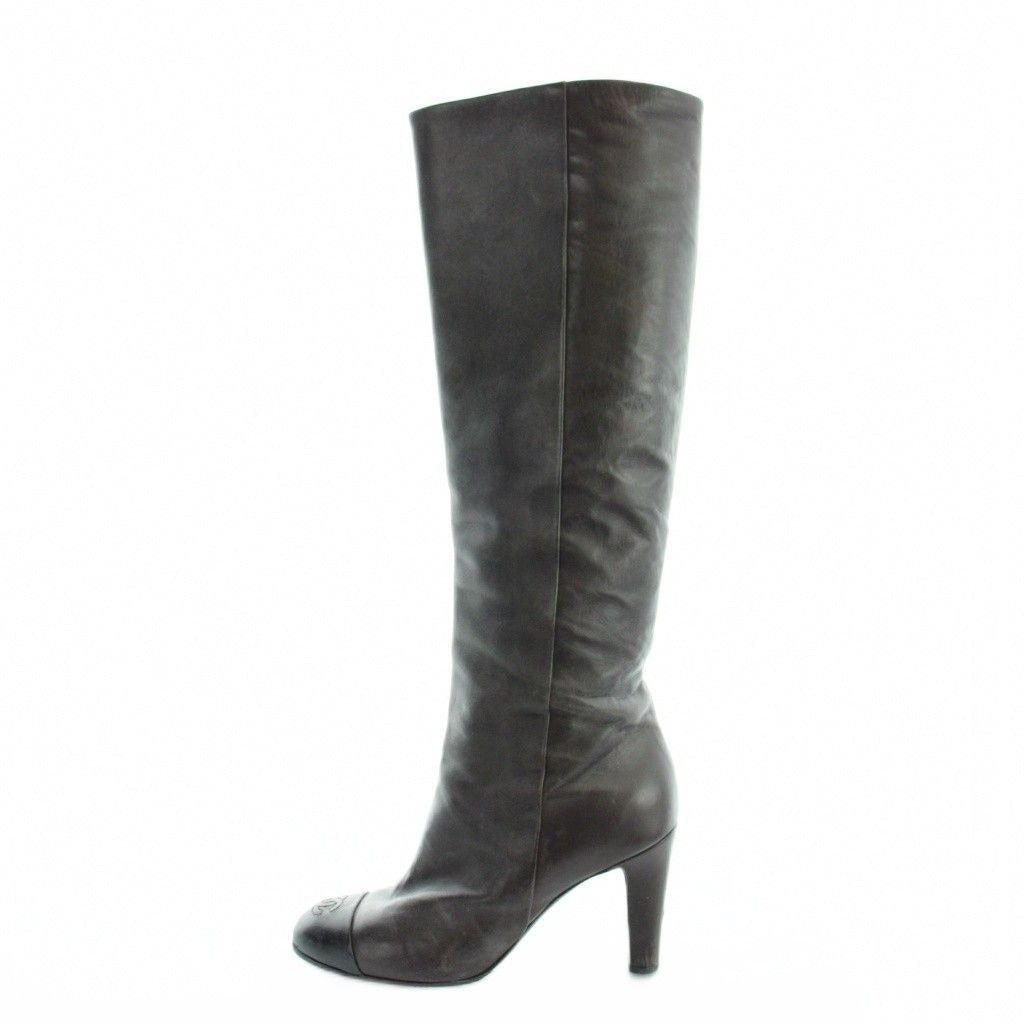 Chanel Long Boots Round Toe Leather CC Logo 39