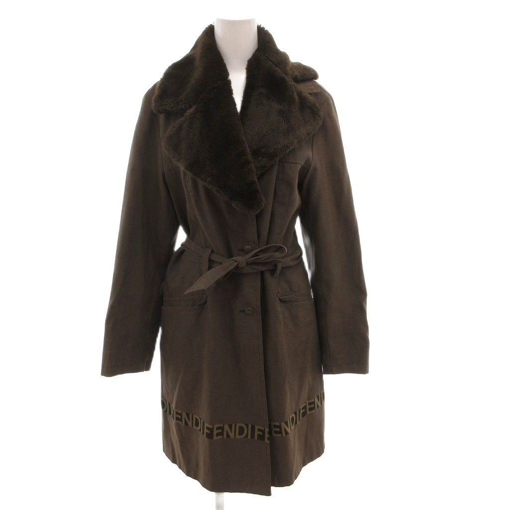 Fendi Long Coat Collar Shearling Belt Logo Button 42 Brown