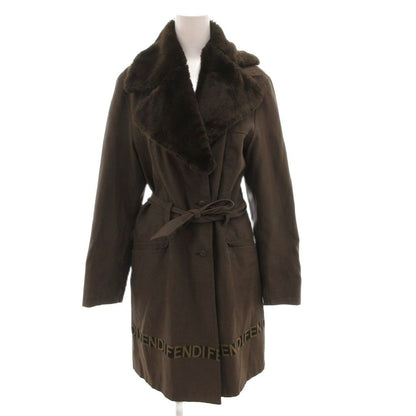 Fendi Long Coat Collar Shearling Belt Logo Button 42 Brown