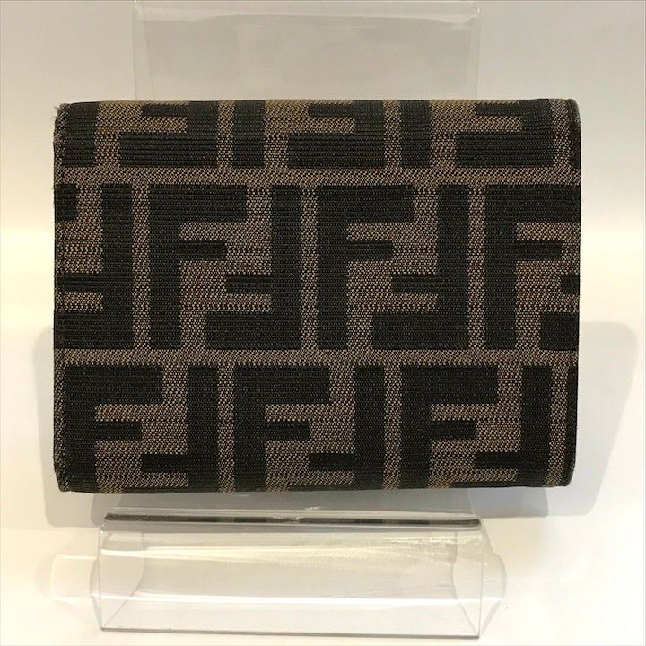 Fendi Zucca Trifold Wallet Compact FF Plate Canvas Leather Brown