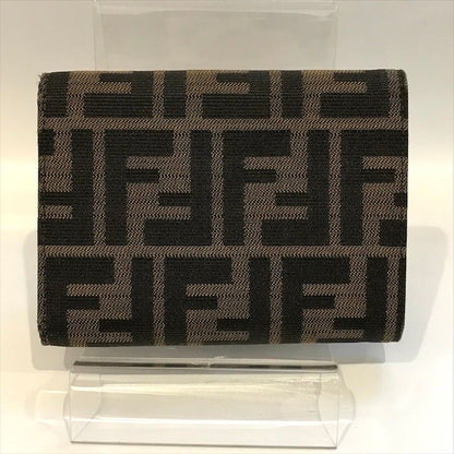 Fendi Zucca Trifold Wallet Compact FF Plate Canvas Leather Brown