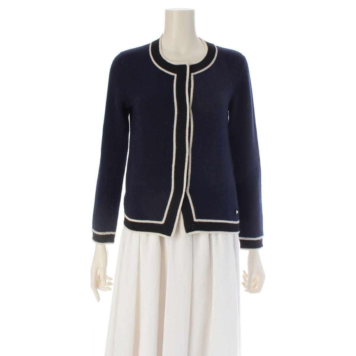 Chanel Cashmere Logo Plate Long Sleeve Knit Cardigan Navy 36
