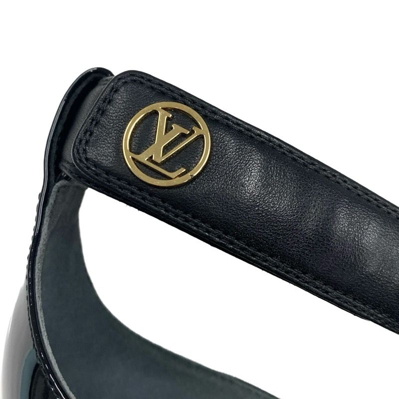 Louis Vuitton Stellar Line Sandals Shoes Leather Patent Black Gold Logo Strap
