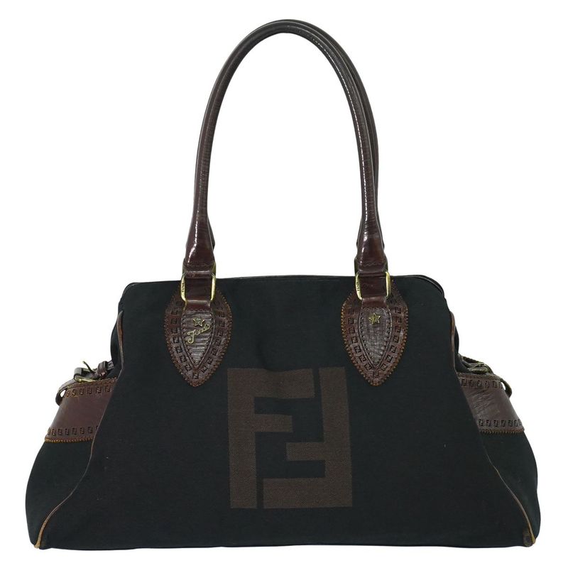 Authentic Fendi Etonico Tote Handbag Canvas Leather Black Brown 8bn162 Etonico