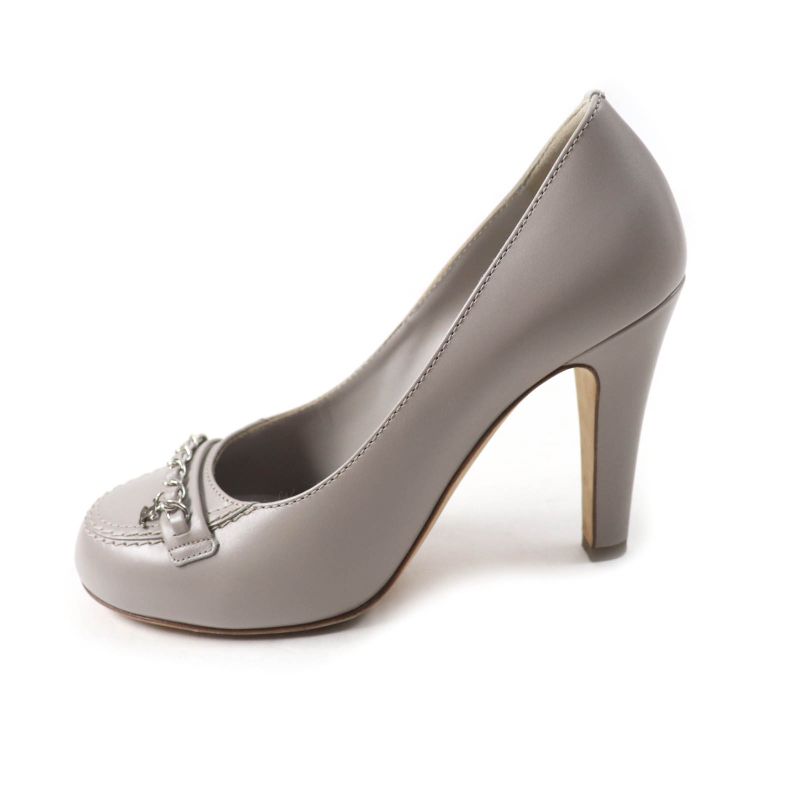 CHANEL G31145 Coco Mark Chain Decoration Round Toe Leather Pumps Grey Silver