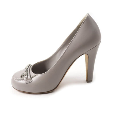 CHANEL G31145 Coco Mark Chain Decoration Round Toe Leather Pumps Grey Silver