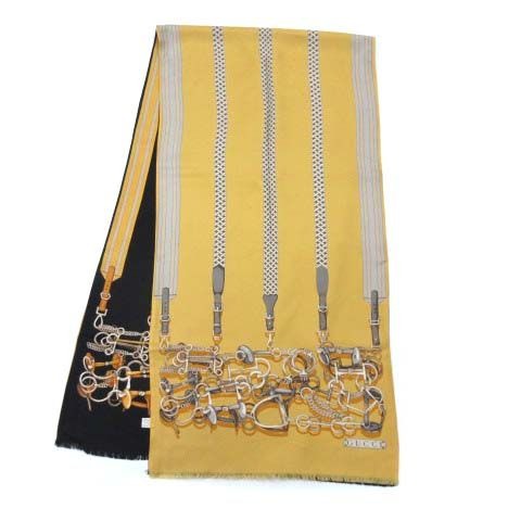 Gucci Reversible Silk Shawl Jackie Horse Harness Double Face Yellow Black