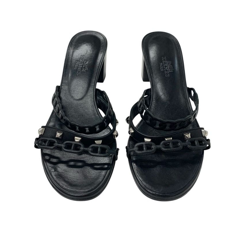 Hermes Aggaccio Sandals Shoes Leather Black Silver Chaine D'ancre Studded Mules