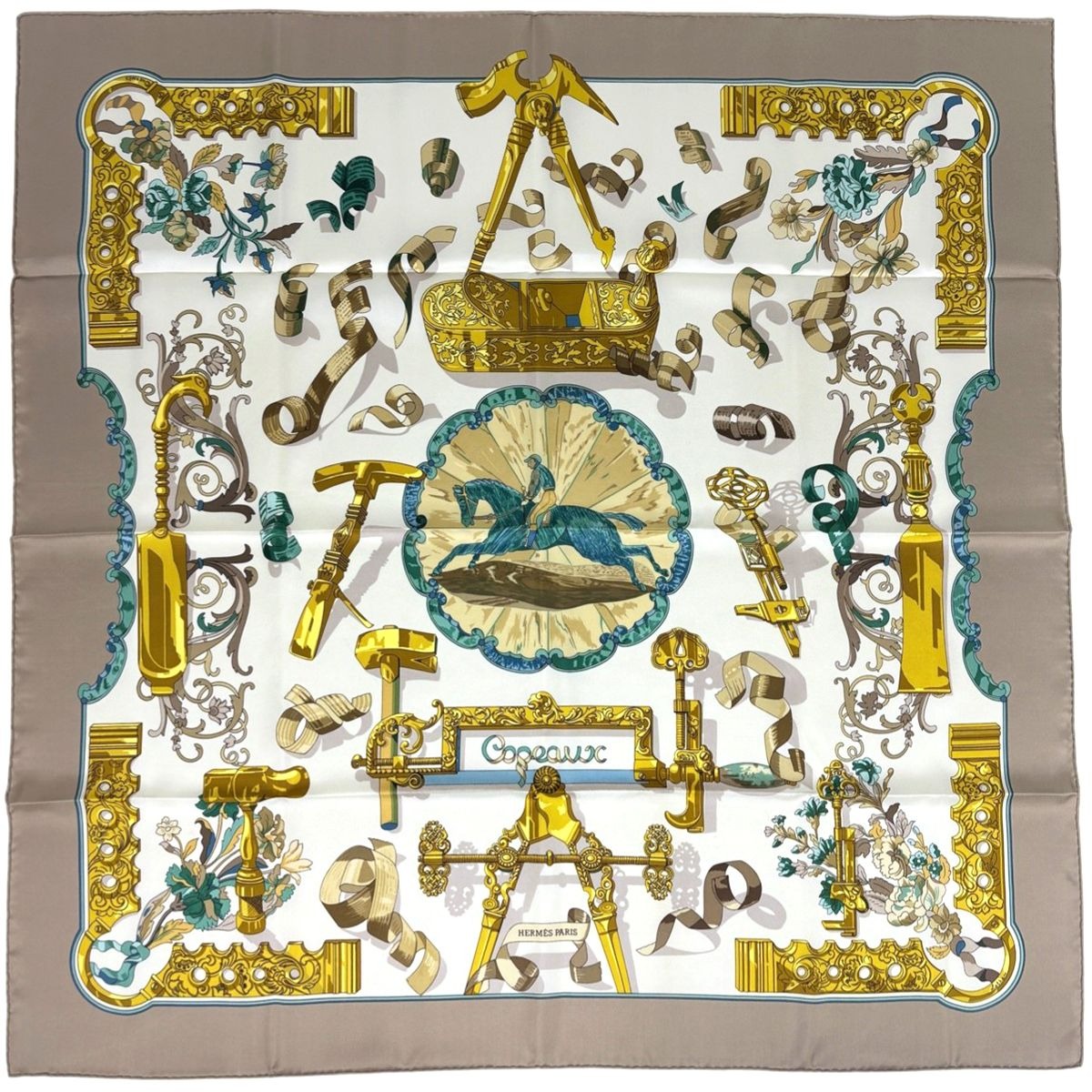 Hermes Carre 90 Copeaux Sawdust Scarf Silk Beige Multicolor
