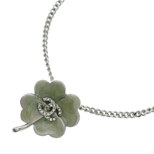 Chanel CC Logo Clover Necklace Pendant Green Silver