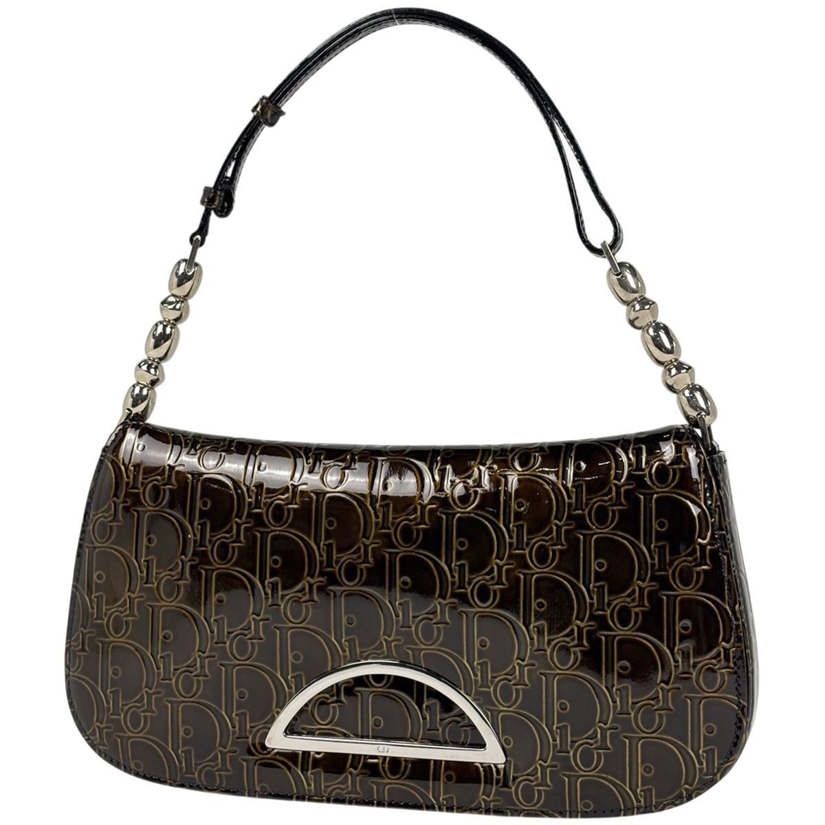 Dior Maris Pearl Shoulder Bag Trotter Bag Patent Leather Brown
