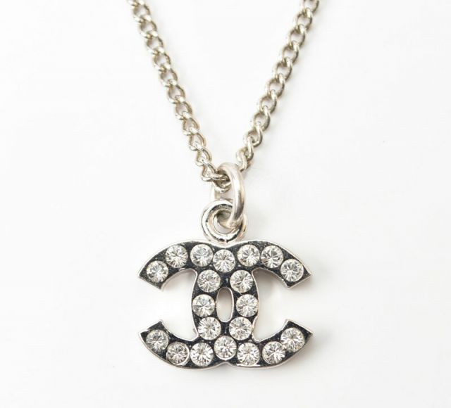 Chanel Necklace Pendant Chanel Coco Mark CC Rhinestone Silver White
