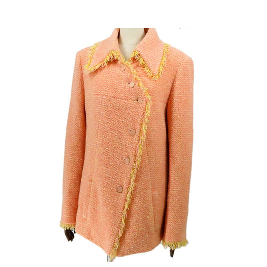 Chanel Jacket Pink Yellow Wool Nylon Coco Buttons 01A 42
