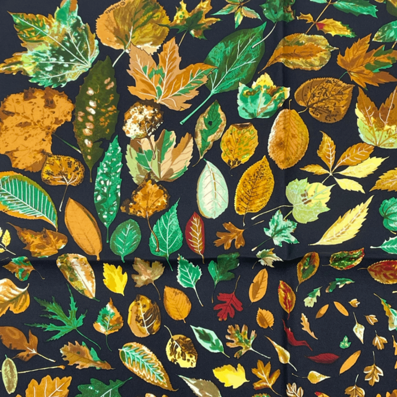 Hermes Scarf Silk Tourbillon Swirl Falling Leaves Leaf Pattern Black