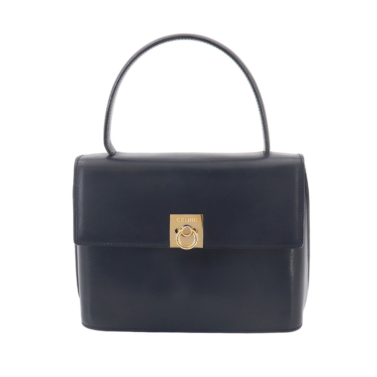 Celine Hand Bag Leather Navy Gold Vintage