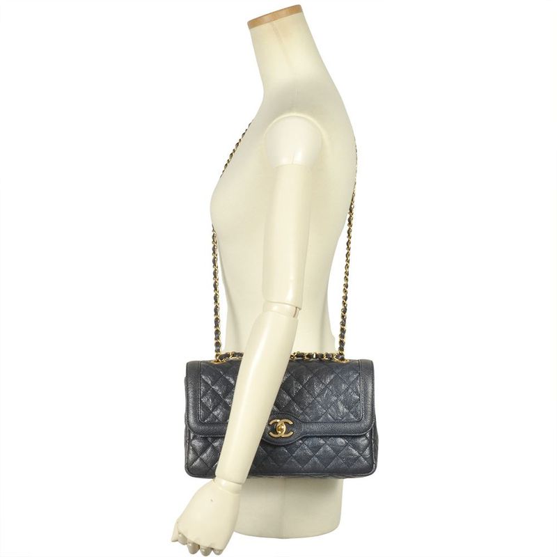 Chanel Matelasse Double Chain Shoulder Bag Caviar Skin Blue Gold Hardware Coco