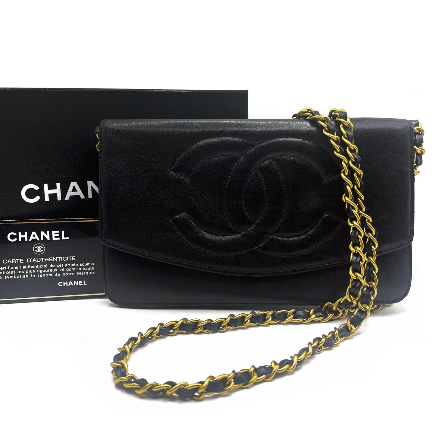 CHANEL CC Classic Timeless Lambskin Flap Wallet on Chain Purse Black