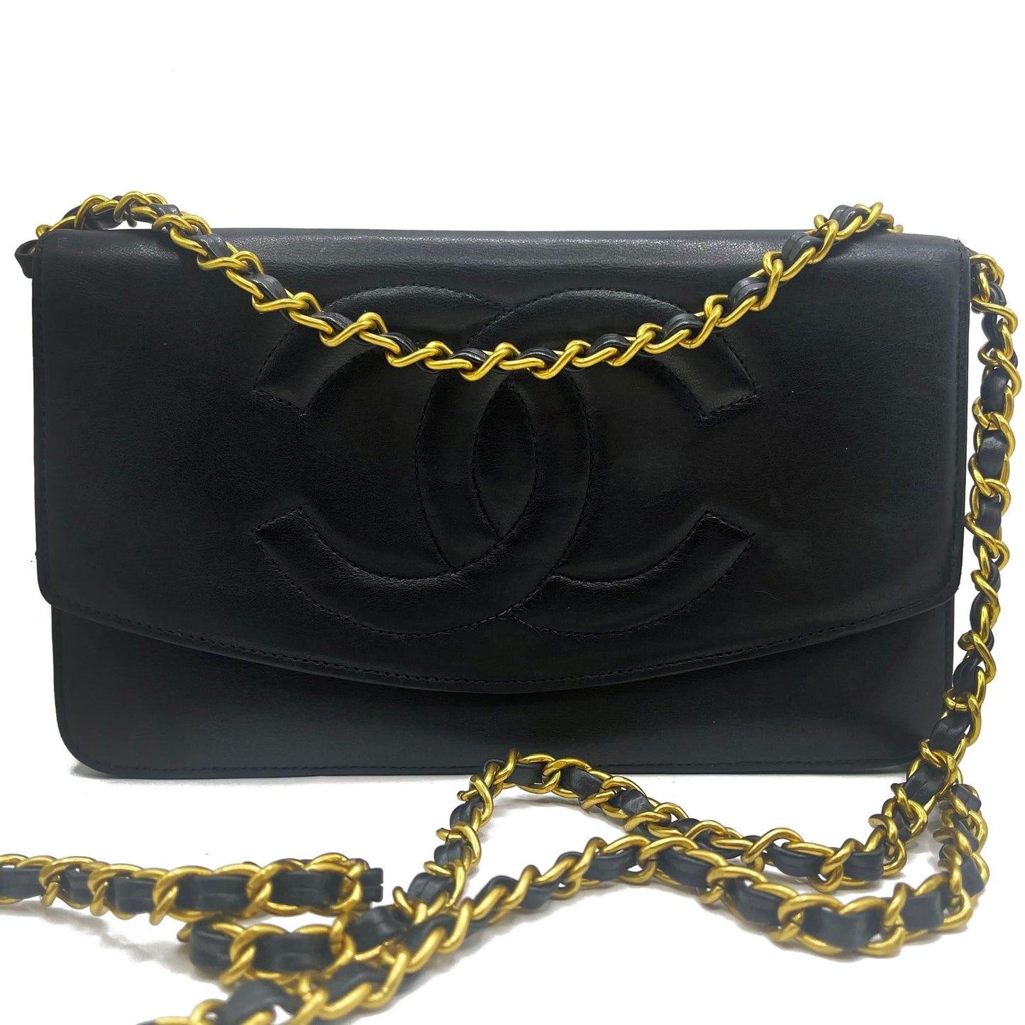 CHANEL CC Classic Timeless Lambskin Flap Wallet on Chain Purse Black