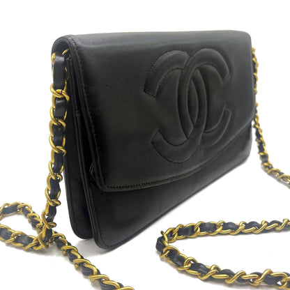 CHANEL CC Classic Timeless Lambskin Flap Wallet on Chain Purse Black