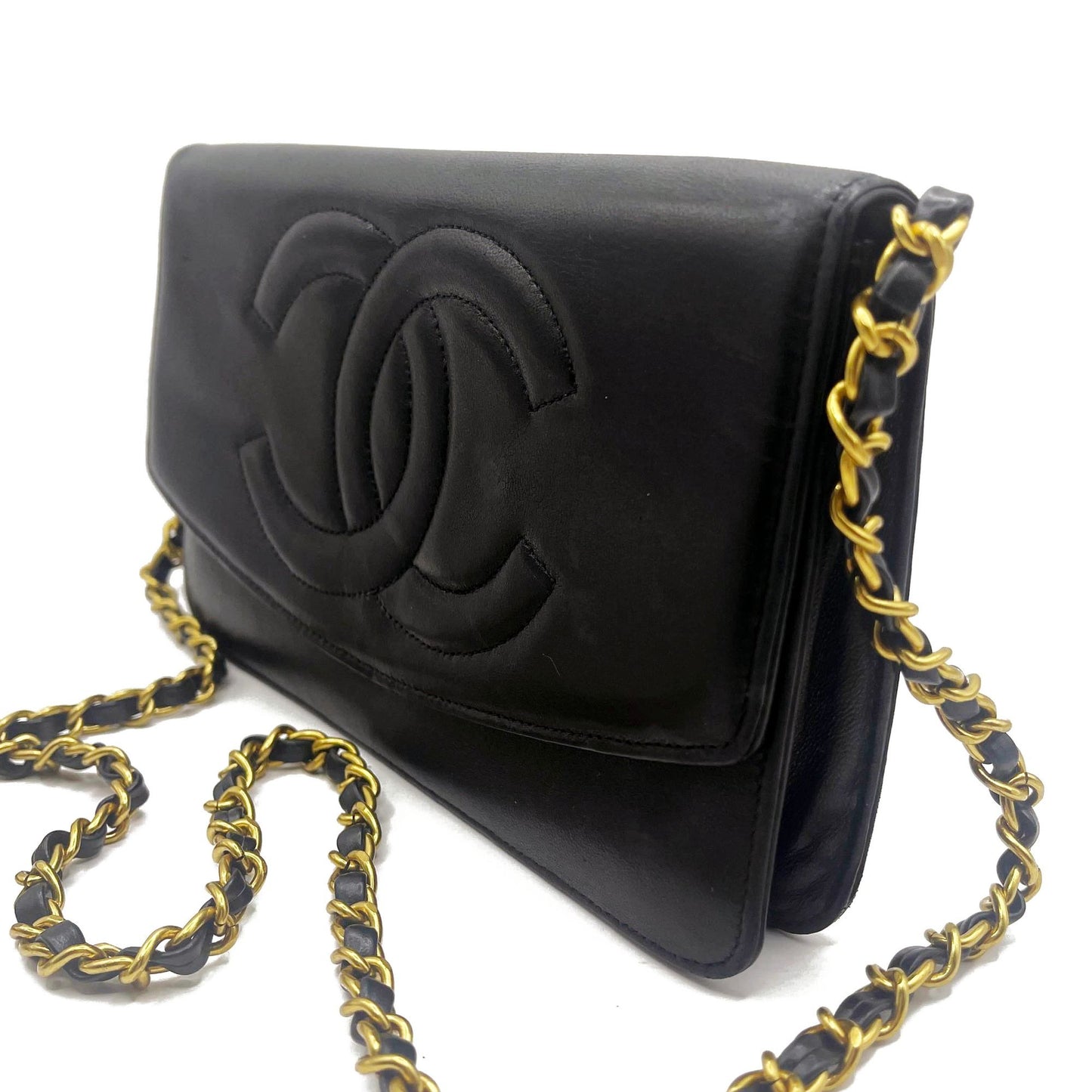 CHANEL CC Classic Timeless Lambskin Flap Wallet on Chain Purse Black