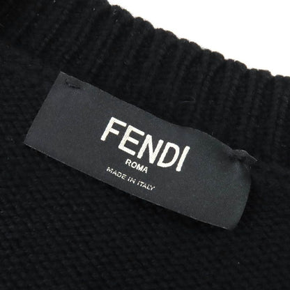 Fendi Fzz469 100% Cashmere Front Logo Crew Neck Long Sleeves Knit Sweater Black