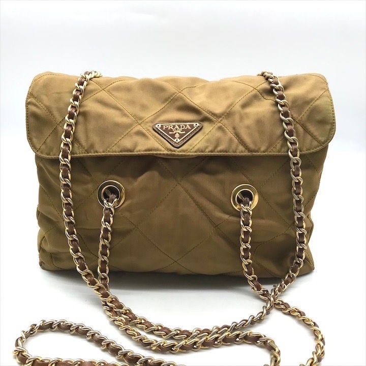 Prada Nylon Tessuto Chain Shoulder Tote Brown