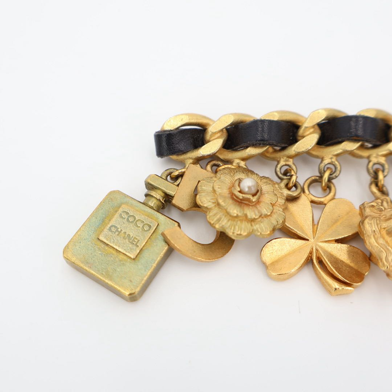 Chanel Vintage Matelasse Coco Mark 8 Charm Chain Brooch Gold Black Plated