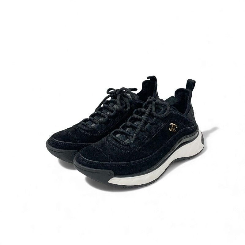 Chanel Sneakers Shoes Suede Leather Black Logo CC