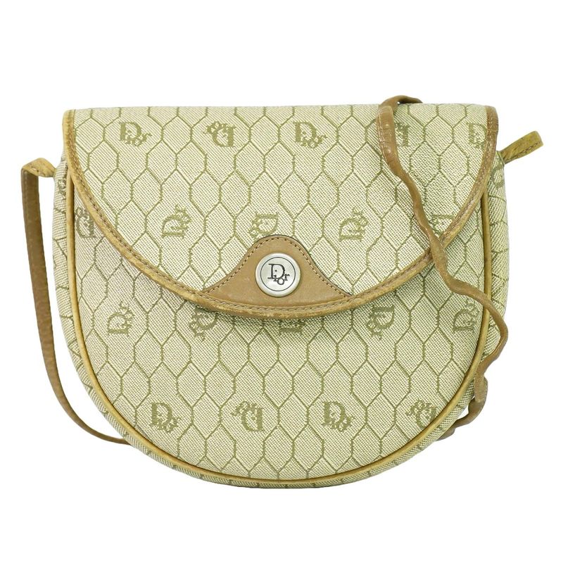 Authentic Christian DIOR Honeycomb Pattern Shoulder Bag Pochette PVC Beige Bag