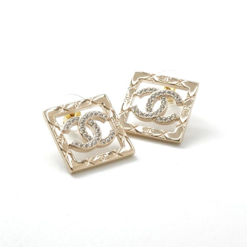 Chanel Earrings Gold Coco Mark Rhinestone Square