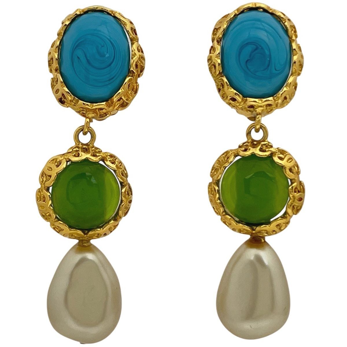 Chanel Faux Pearl Earrings Gripoix Blue Green Gold