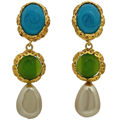 Chanel Faux Pearl Earrings Gripoix Blue Green Gold
