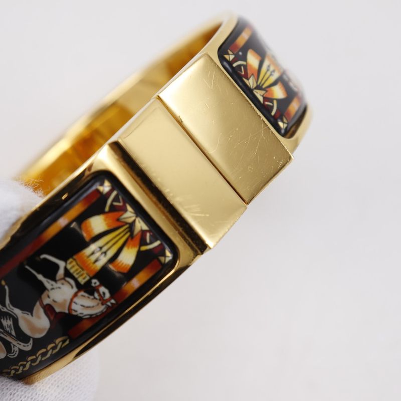 Hermes Roque Emile Cloisonne Horse Pattern Bangle Gold Plated Black Ladies