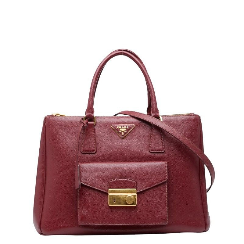 Prada Triangle Logo Plate Shoulder Bag 2-Way Wine Red Bordeaux Saffiano
