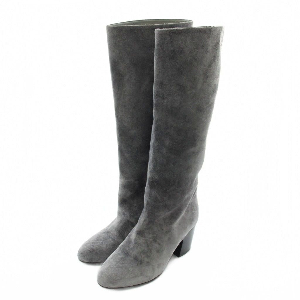 Chanel Long Boots Suede Round Toe Chunky Heel CC Logo 35.5