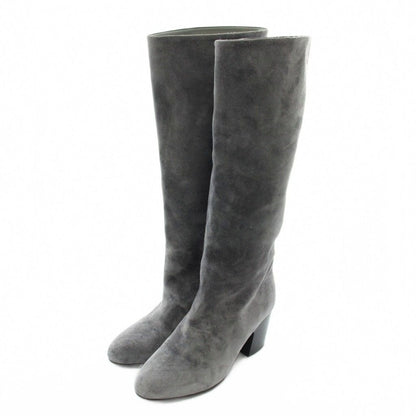 Chanel Long Boots Suede Round Toe Chunky Heel CC Logo 35.5