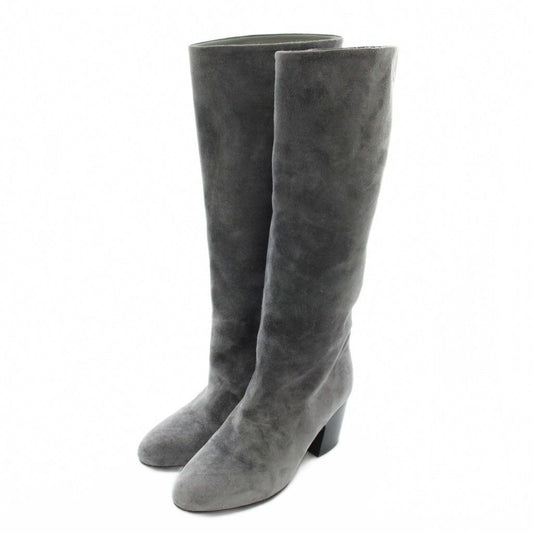 Chanel Long Boots Suede Round Toe Chunky Heel CC Logo 35.5