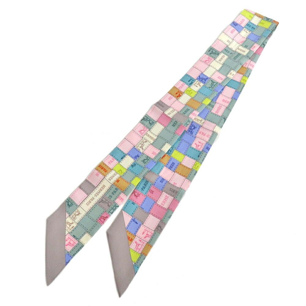 Hermes Twilly Bolduc Check Silk Gray Multicolor Pastel