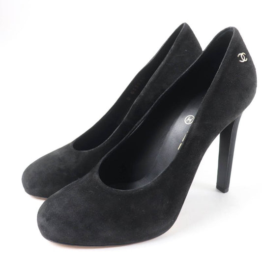 CHANEL G33546 Round Toe Suede Leather Pumps With Coco Mark Black 38 Made In