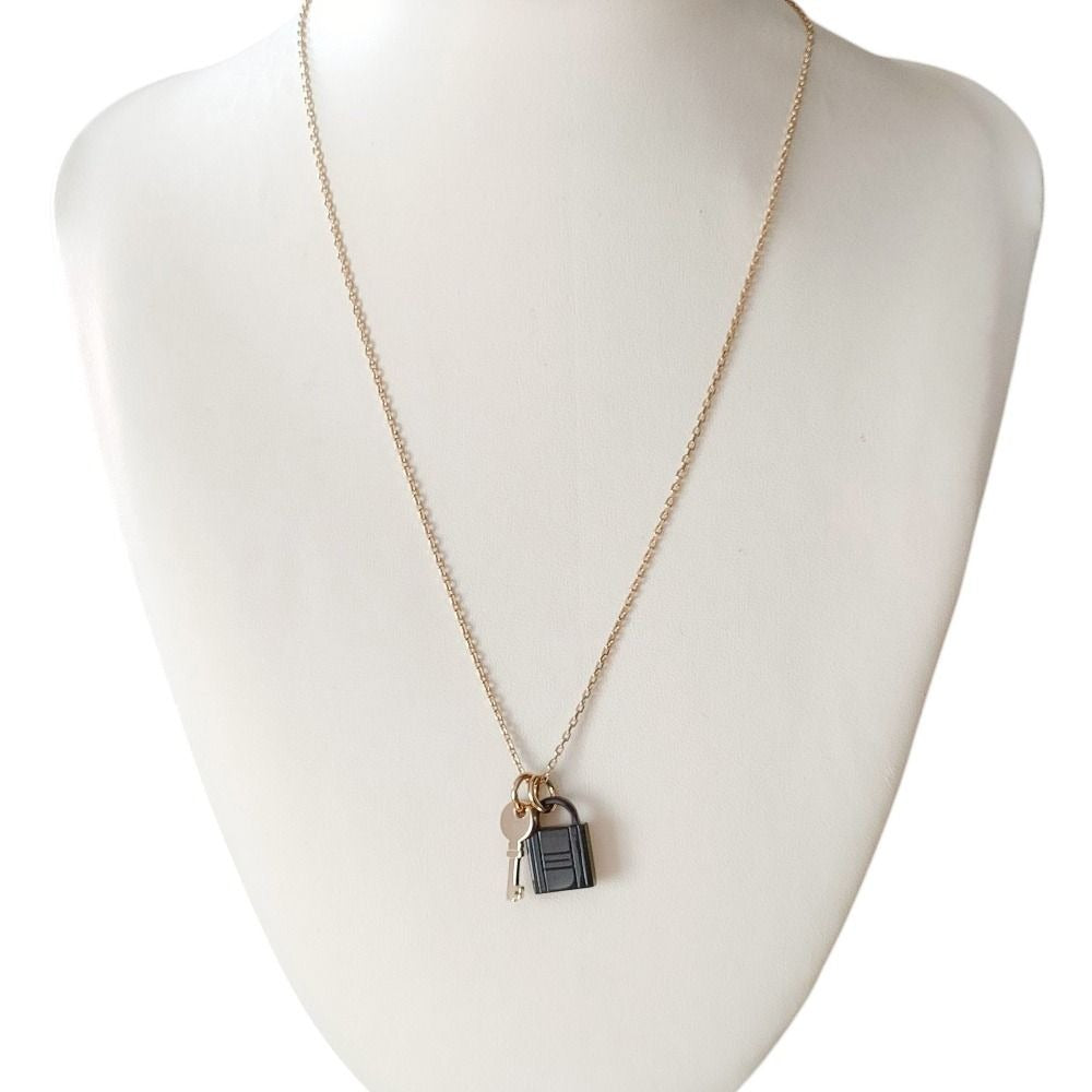 Hermes Amulet Padlock PM Chain Necklace Gold Color Black